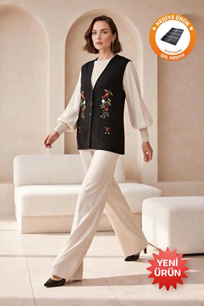 larocci Kadın Düğmeli Çiçek Nakışlı Kolsuz Yelek