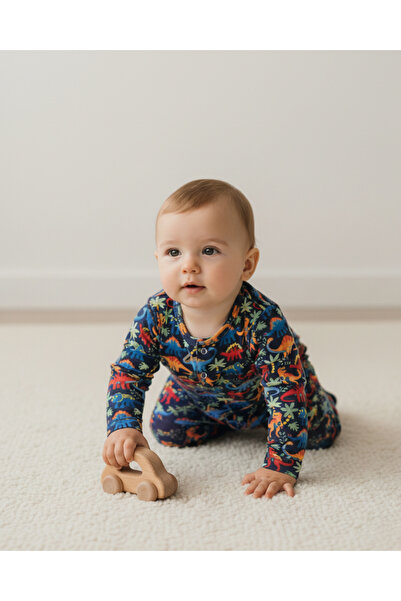 Boumini Baby Booties Jumpsuit Dinosaur Patterned Navy Blue