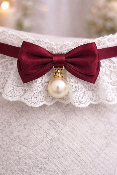 STEELVA Bow and Pearl Cat Outfit Burgundy (Collar, Bandana)