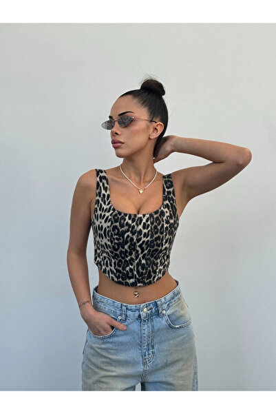 HerTon Kadın Leopar Desenli %100 Pamuk Büstiyer – Kolsuz Crop Top, Esnemez, M...