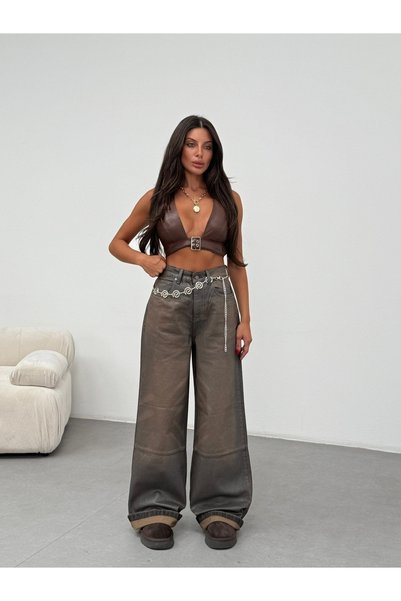 HerTon Pantaloni din denim cu croială largă, în nuanțe de cafea, stil vintage