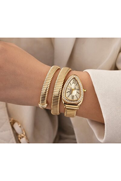 baymami Yılan Model Dolamalı Gold Taşlı Kadın Kol Saati