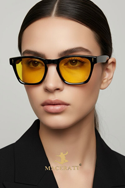 MACERATİ Swank Unisex Black Square Frame Orange Glass Sunglasses