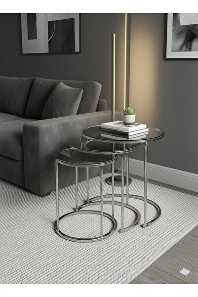 usta mekan Usta Gümüş Metal Gümüş (DÜZ) Aynalı 3lü Zigon Sehpa