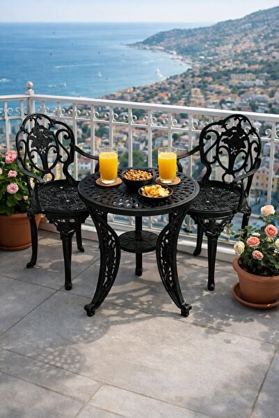 Alezy Isparta Bistro Ferforje Görünümlü Plastik Masa Takımı 2 Koltuk + 60 cm ...