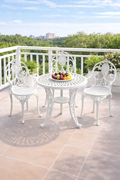 Alezy Isparta Bistro Ferforje Görünümlü Plastik Masa Takımı 3 Koltuk + 60 cm ...