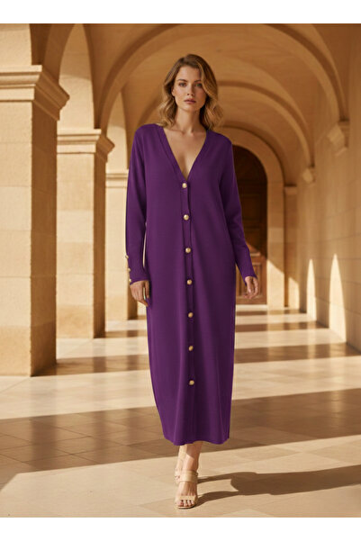 Ceyda Nur Örkcü Women's Long Knitwear Cardigan V-Neck Buttoned Front Maxi Length