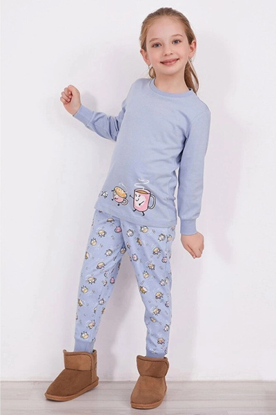 Arnetta Coffee Blue Girl's Long Sleeve Pajama Set