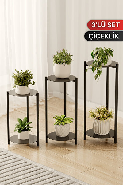 Bino Paslanmaz Metal Saksılık Çiçeklik Modern Dekoratif 3’lü Set