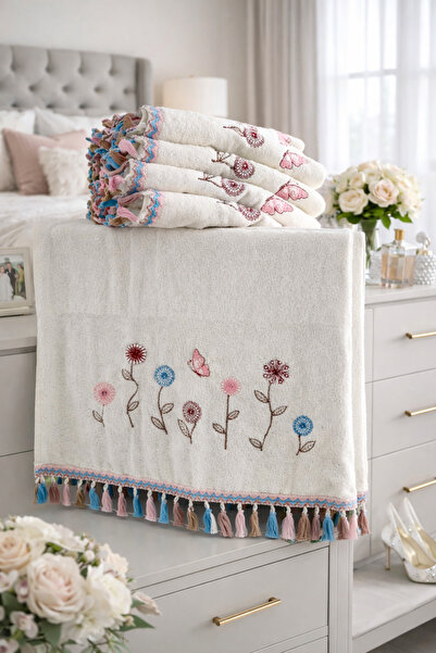 DİLEX Beyaz Çeyizlik Nakışlı 60x90 cm 3lü Havlu Set Bisiklet
