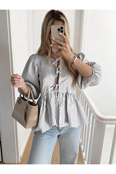 King Brothers Bluz Fiyonklu Balon Kollu Çizgili Poplin Kadın Bluz