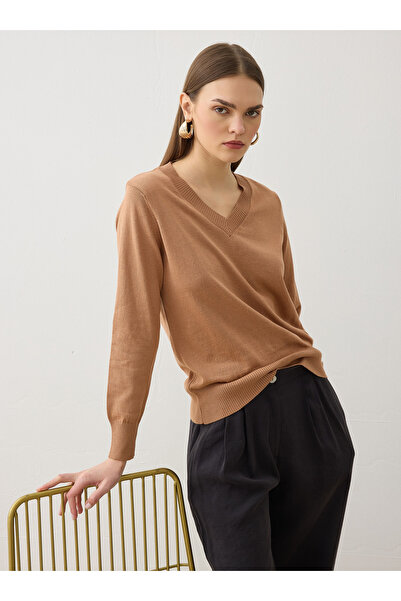 Refka Soft Textured V-Neck Classic Knit Sweater - Camel -