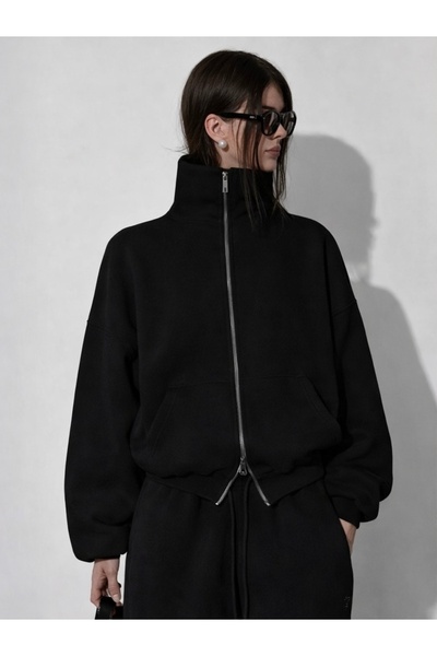 Sangha Siyah Dik Yaka Çift Taraflı Fermuarlı Kanguru Cepli Oversize Sweatshirt