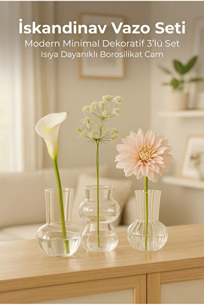 ERKUGO İskandinav Vazo Seti, Modern Minimal Dekoratif 3'lü Set, Isıya Dayanık...