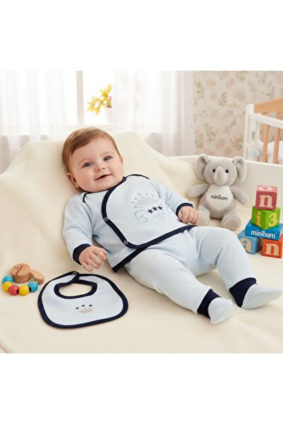 MİNİBORN طقم من خمس قطع للأولاد حديثي الولادة بأكمام طويلة من ECRU مع تاج الملك