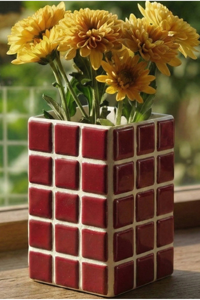 Tasarım El Yapımı Mozaik Seramik Vazo – Renkli Geometrik Desenli Vazo