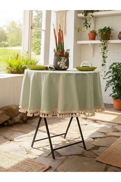 NDC HOME Premium Keten Adaçayı Yeşil YUVARLAK Ham Ponponlu Masa Örtüsü
