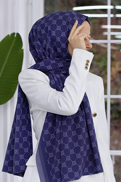 Vissona LÜKS MEDİNE İPEĞİ MONOGRAM DESENLİ LACİVERT RENKLİ 75X195 KIRIŞMAZ ŞA...