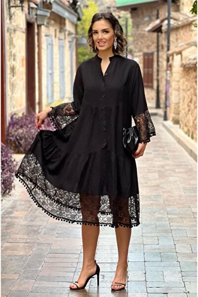 Nevin Kaya Moda Μαύρο Φόρεμα Πριγκίπισσας Μίντι με κορδόνια, 100% βαμβακερό