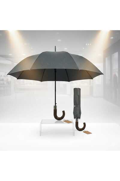 parachase Ahşap Baston Saplı Tam Otomatik Gri Şemsiye - Kılıflı
