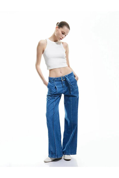 Koton Wide Leg Belt Detailed Pleated Cotton Jeans - Wide Leg Jeans