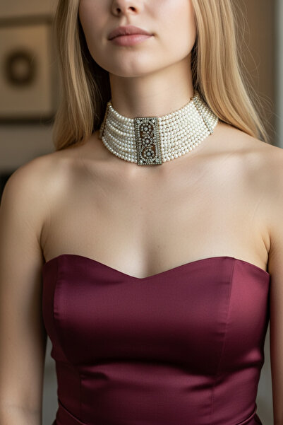 FUYA JEWELLERY Zirkon Taşlı Hasır Choker (Tasma) İnci Kolye