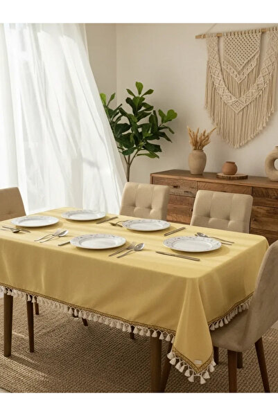 NDC HOME Față de masă galbenă bumbac in dungi maro cu pompon