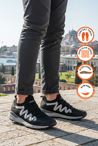 WALKWAY Black and White Mesh Lightweight Flexible Lace-Up Men's Sports Shoes ...