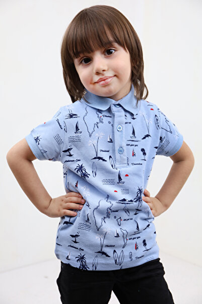 Toontoy Boy's Printed Polo Neck Buttoned Short Sleeve T-Shirt