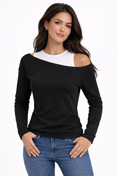 BY HUPE Μπλούζα με έναν ώμο, στενή εφαρμογή, διπλής στρώσης, από βαμβακερό ρι...