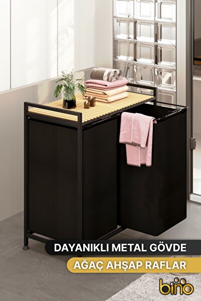 Bino Çamaşır Sepeti Kirli Sepeti Ahşap Banyo Dolabı Büyük Boy Geniş 2 Bölmeli Kumaş Kirli Sepeti