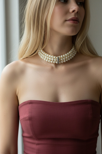 FUYA JEWELLERY Kristal Taşlı Üç Sıra İnci Tasma Kolye