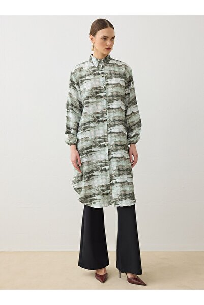 Refka Abstract Patterned Balloon Sleeve Long Tunic - Green -