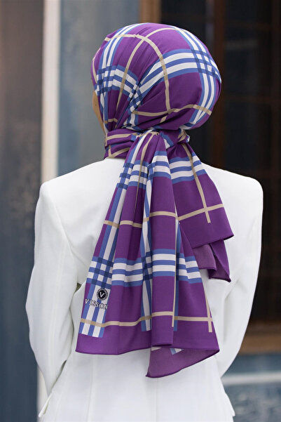 Vissona LÜKS MEDİNE İPEĞİ EKOSE DESENLİ MÜRDÜM RENKLİ 75X195 KIRIŞMAZ ŞAL MOS...