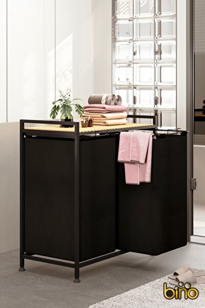 Bino Çamaşır Sepeti Kirli Sepeti Ahşap Banyo Dolabı Büyük Boy Geniş 2 Bölmeli...