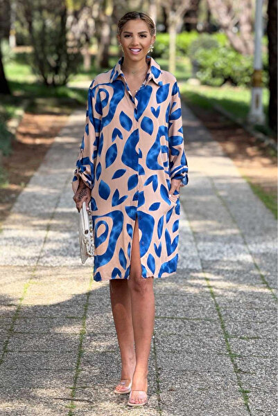 Nevin Kaya Moda Φόρεμα πουκάμισο σε κρεμ χρώμα Midi μήκους 100% βαμβακερή βισ...