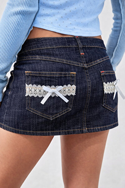 september island Gray Navy Blue Back Pocket Lace Embroidered Denim Mini Skirt