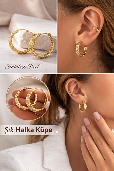 staınless steel Gold Burgu Örgü Halka Küpe Paslanmaz Çelik