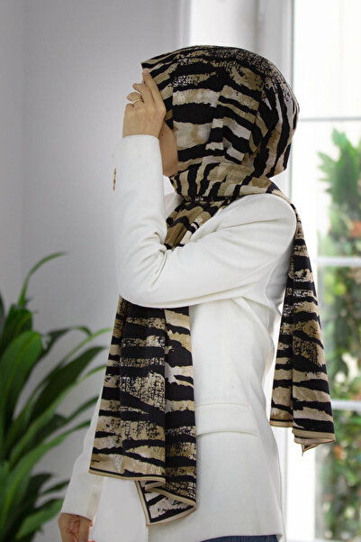 Vissona LÜKS MEDİNE İPEĞİ ZEBRA DESENLİ BEJ - SİYAH RENKLİ 75X195 KIRIŞMAZ ŞA...