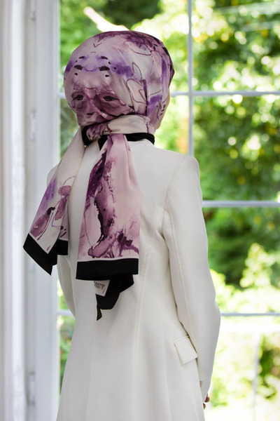 Vissona LÜKS MEDİNE İPEĞİ SULU BOYA YAPRAK DESENLİ LİLA RENKLİ 75X195 KIRIŞMA...