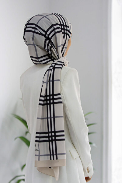 Vissona LÜKS MEDİNE İPEĞİ EKOSE DESENLİ KREM - GRİ RENKLİ 75X195 KIRIŞMAZ ŞAL...