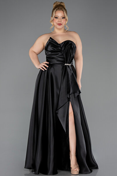 Abiyefon Siyah Straplez Yırtmaçlı Uzun Saten Büyük Beden Abiye ABU5650