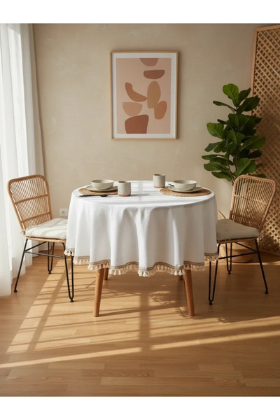 NDC HOME White Linen Stripe Pompom Round Tablecloth