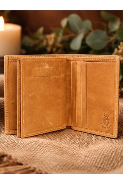 ATÖLYE ZÜMRA Genuine Leather Men's Wallet with 14 Card Holders (Tan)