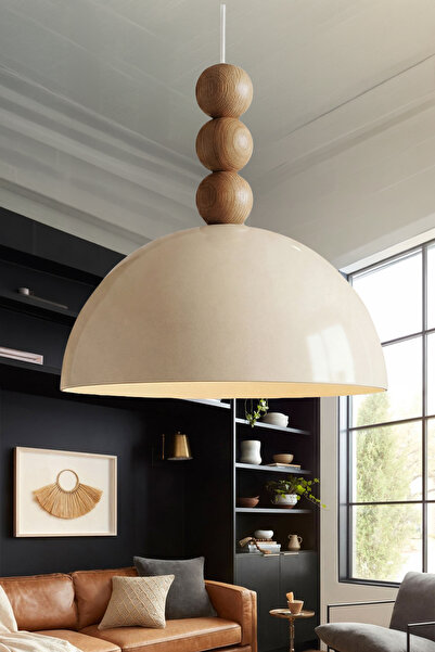 Marrien Luna Bohem Ahşap 3 Boncuklu Krem Metal Sarkıt (30 cm) Yemek Masası Üs...