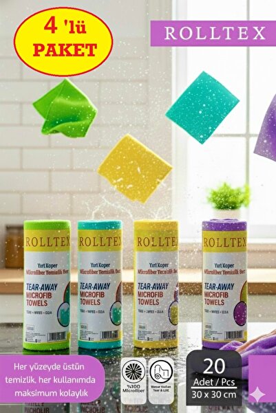 ROLLTEX 4'lü Paket 80 Yaprak 30X30CM Yırt Kopar %100 Mikrofiber Temizlik Bezi...