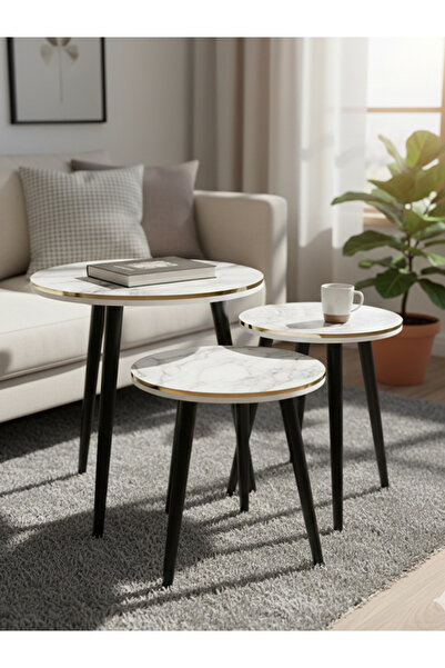 TrentonGCC Set of 3 Marble Look Nesting Tables Black Legs Modern Side Coffee ...