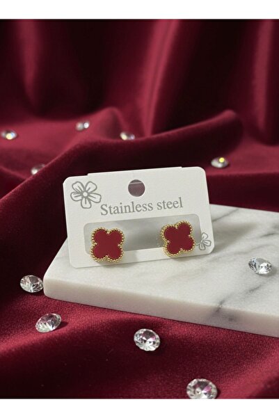 Meneva Aksesuar Kırmızı Sedefli Çelik Yonca Küpe