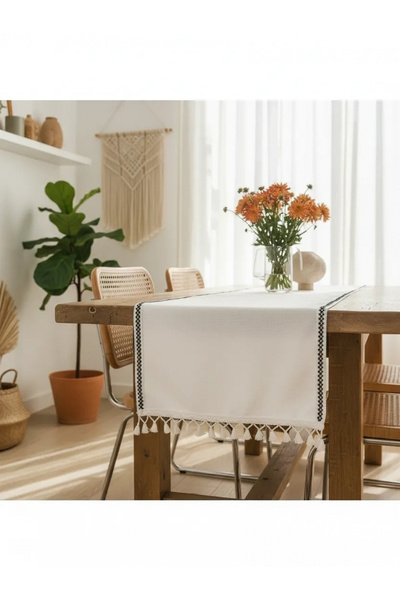 NDC HOME Raw Lan crni prugasti pompon 50 x 150 cm. Krem Stolni raner