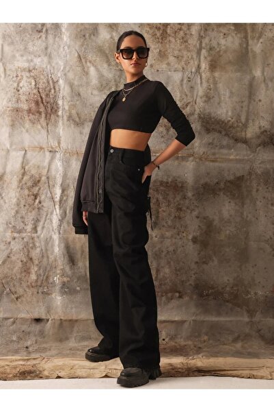 DRC trend Pantaloni largi, negri, de damă, Nicola Lycra, cu talie super înaltă